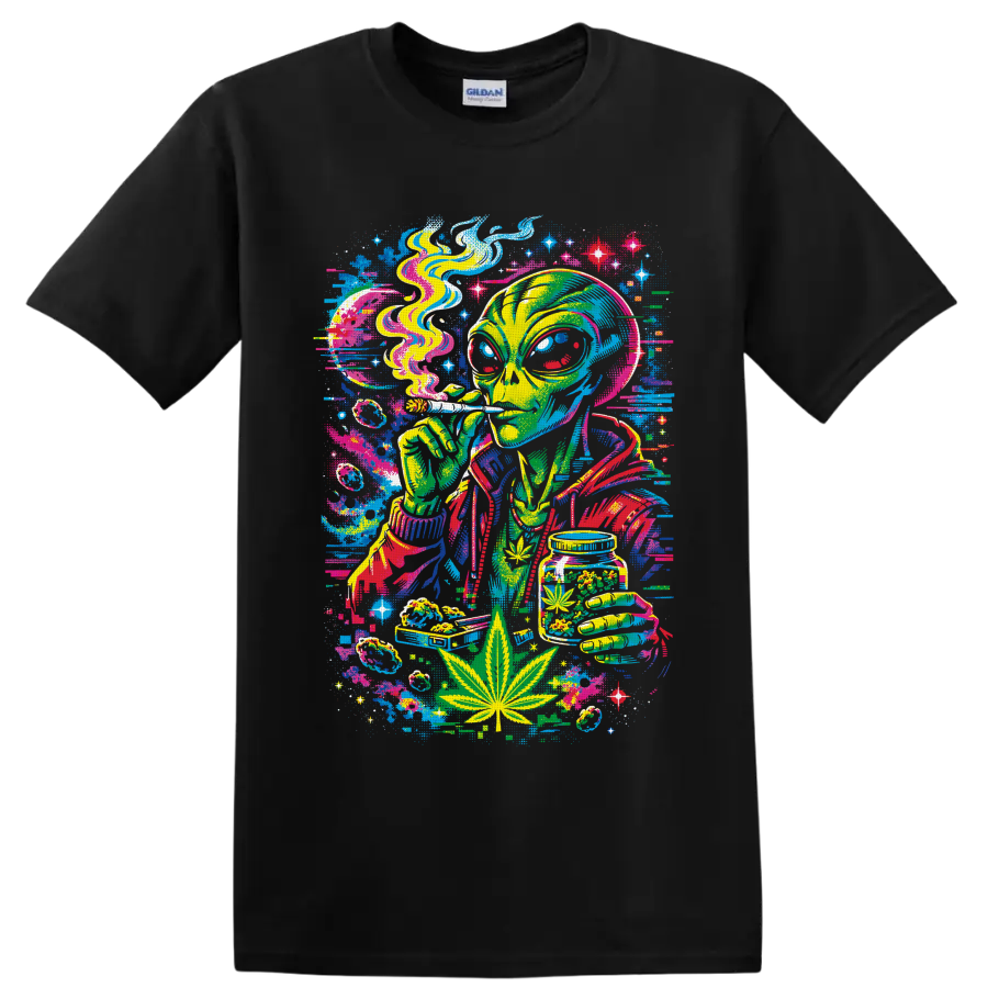 Psychedelic cannabis alien holding a smoking roll and cannabis jar in neon cosmic art on a Black T Shirt