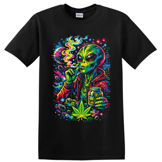 Psychedelic cannabis alien holding a smoking roll and cannabis jar in neon cosmic art on a Black T Shirt