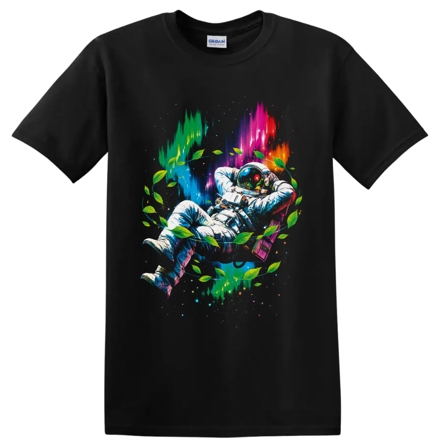 Psychedelic astronaut with green leaves, neon cosmic light, stars, and pixel bursts on a Black T Shirt