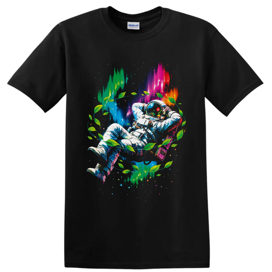 Psychedelic astronaut with green leaves, neon cosmic light, stars, and pixel bursts on a Black T Shirt