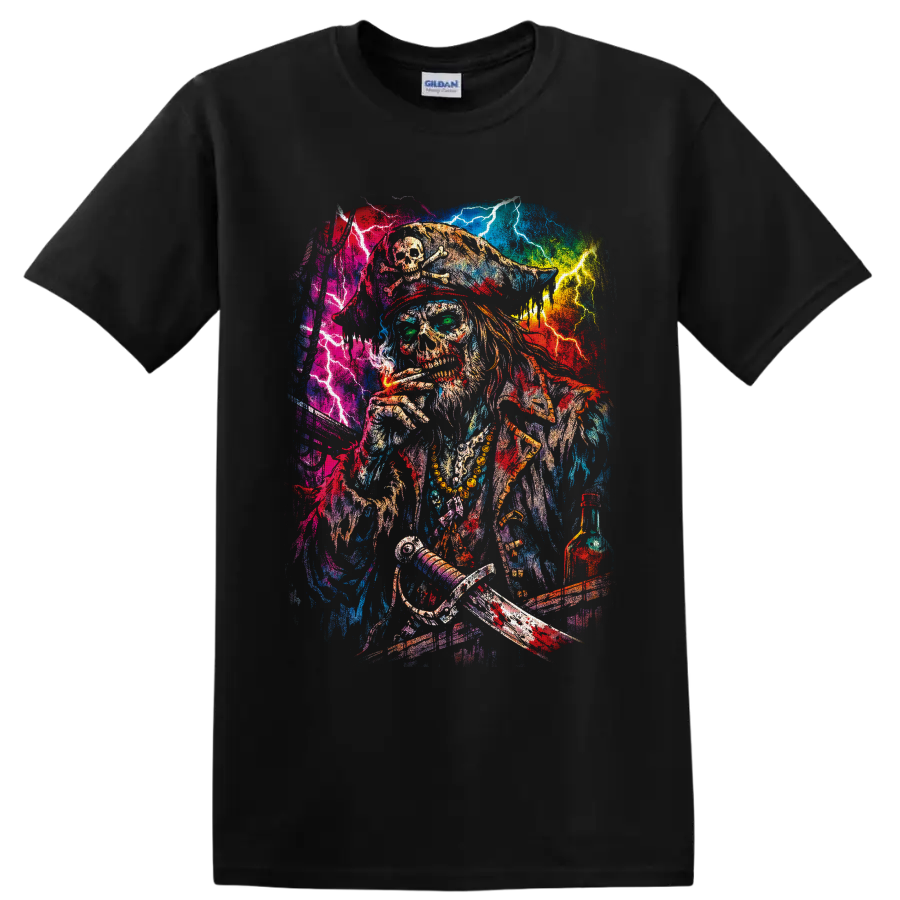 Psychedelic cannabis pirate skeleton with lightning, crossed swords, and bottle on a Black T Shirt