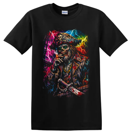 Psychedelic cannabis pirate skeleton with lightning, crossed swords, and bottle on a Black T Shirt