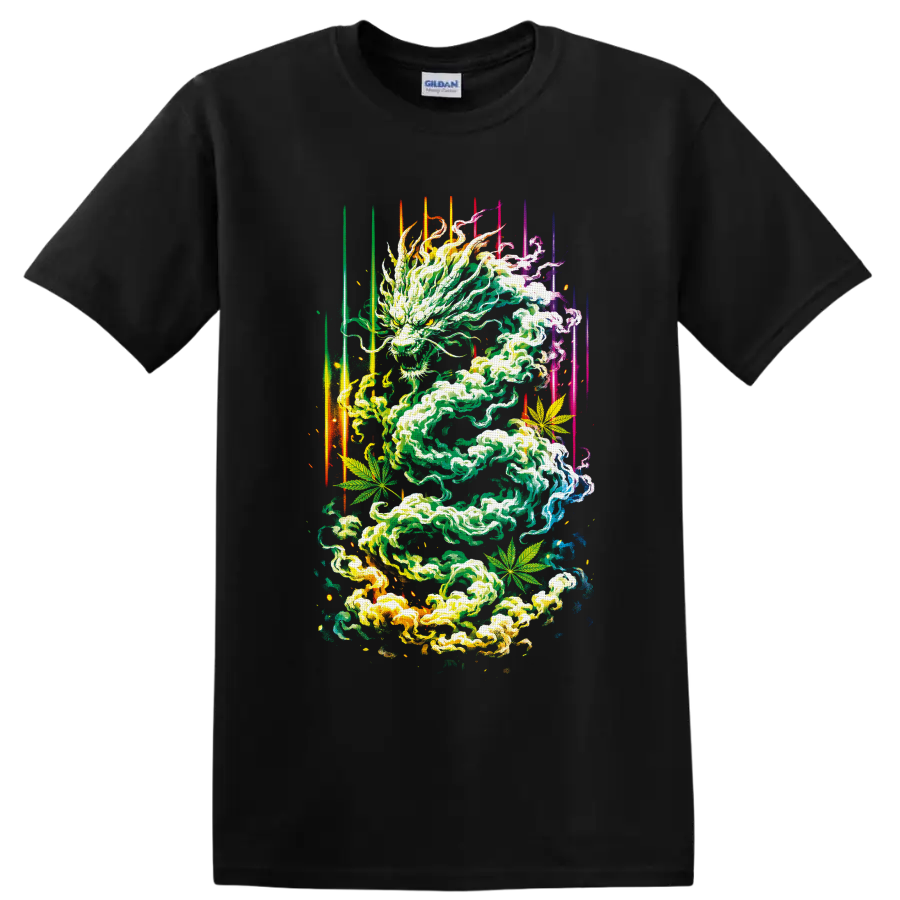 Psychedelic cannabis smoke dragon with leaves and neon light streaks on a Black T Shirt