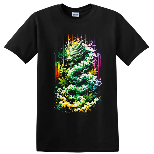 Psychedelic cannabis smoke dragon with leaves and neon light streaks on a Black T Shirt