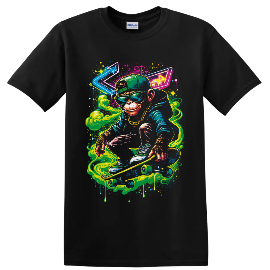 Neon graffiti-style monkey skateboarder with cannabis leaf cap, green smoke, and paint on a Black T Shirt