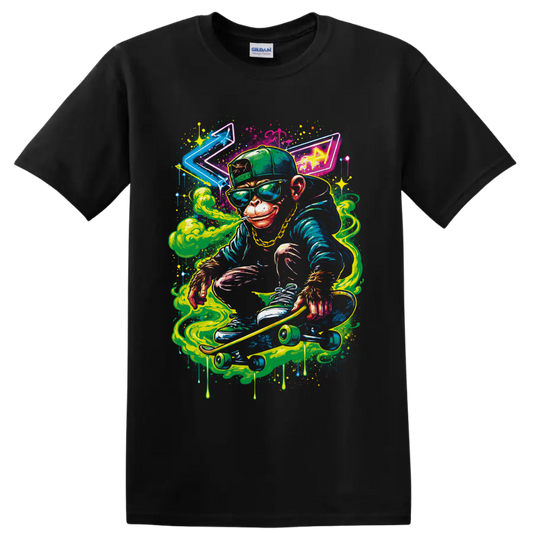 Neon graffiti-style monkey skateboarder with cannabis leaf cap, green smoke, and paint on a Black T Shirt