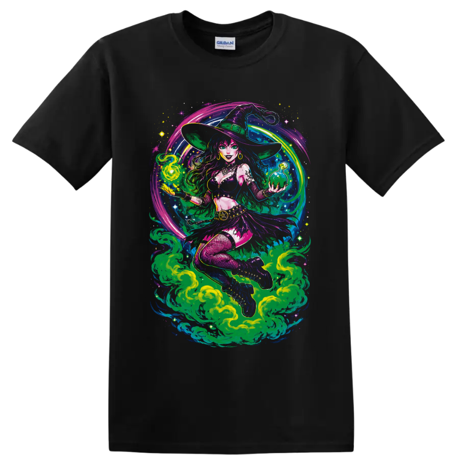 Psychedelic cannabis witch holding green potion orb amid swirling smoke and stars on a Black T Shirt