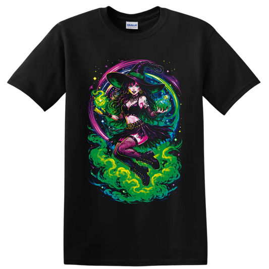 Psychedelic cannabis witch holding green potion orb amid swirling smoke and stars on a Black T Shirt