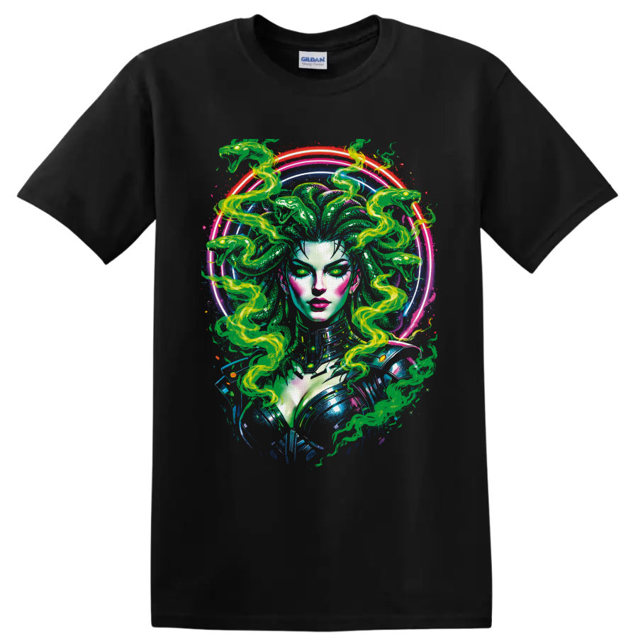 Psychedelic Medusa portrait with green serpent hair and glowing neon rings on a Black T Shirt