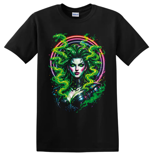 Psychedelic Medusa portrait with green serpent hair and glowing neon rings on a Black T Shirt