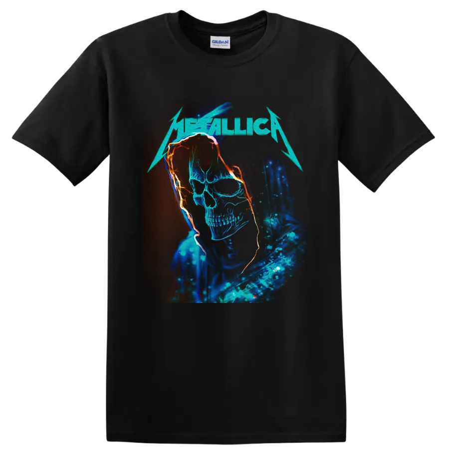 Metallica logo above a neon blue hooded skull with fiery orange outlines on a Black T Shirt