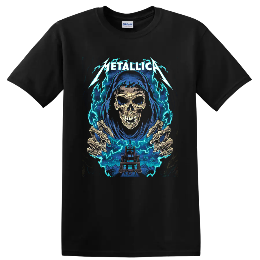 Metallica logo with hooded skull, skeletal hands, electric chair, and lightning graphic on a Black T Shirt