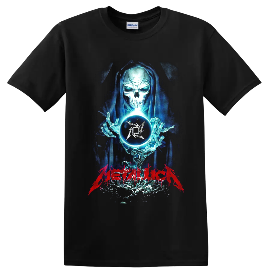 Metallica reaper with crystal ball, blue energy, and red band lettering on a Black T Shirt