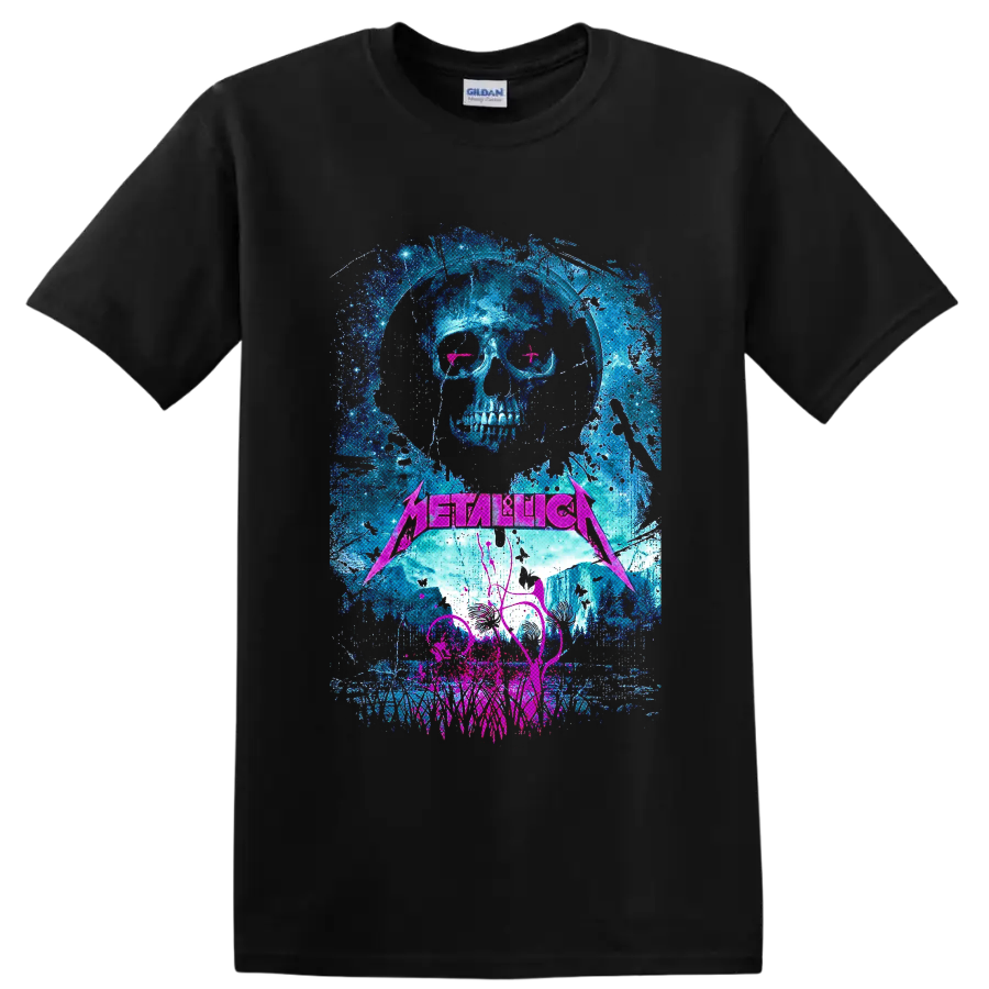 Distressed Metallica skull graphic with neon pink eyes, blue splatter, and pink logo on a Black T Shirt