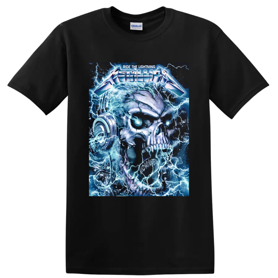 Metallica Ride the Lightning skull with blue lightning and glowing eyes on a Black T Shirt