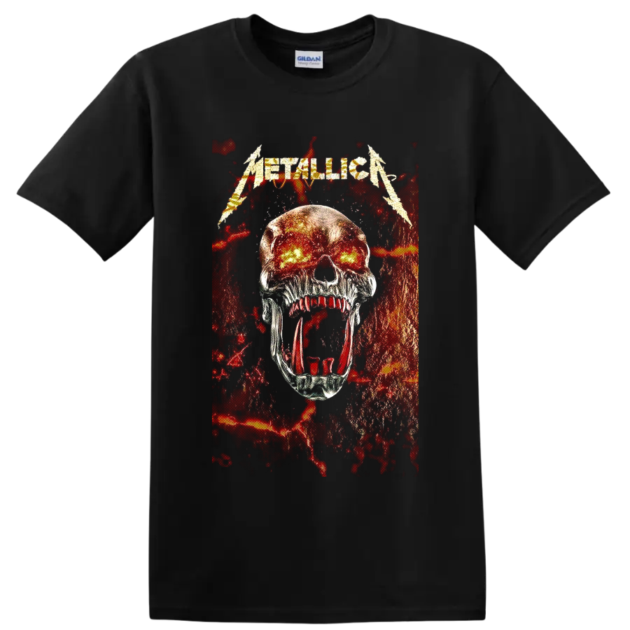 Metallica logo above a fiery-eyed skull in distressed red and black heavy metal art on a Black T Shirt
