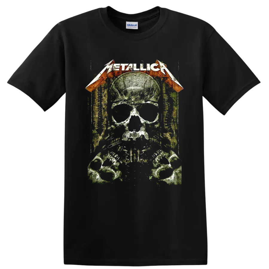 Metallica logo over distressed skull soldier with helmet, sunglasses, dog tags, and skulls on a Black T Shirt