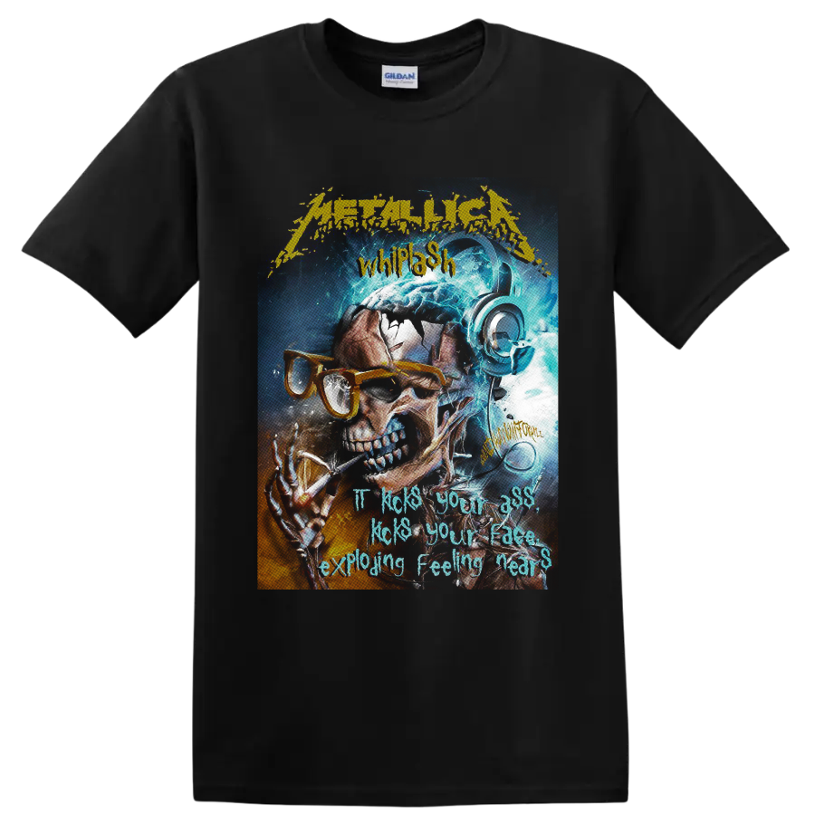 Metallica Whiplash skull in orange glasses and headphones with electric blue energy on a Black T Shirt