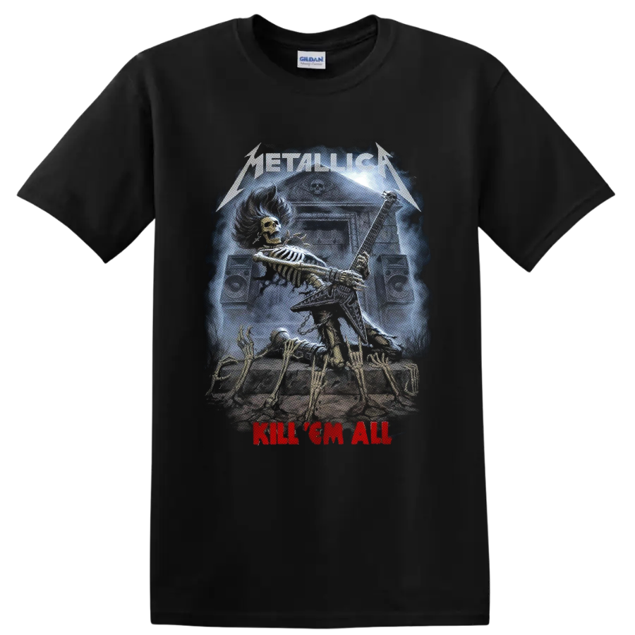 Metallica Kill 'Em All skeletal guitarist graphic with speakers and graveyard scene on a Black T Shirt