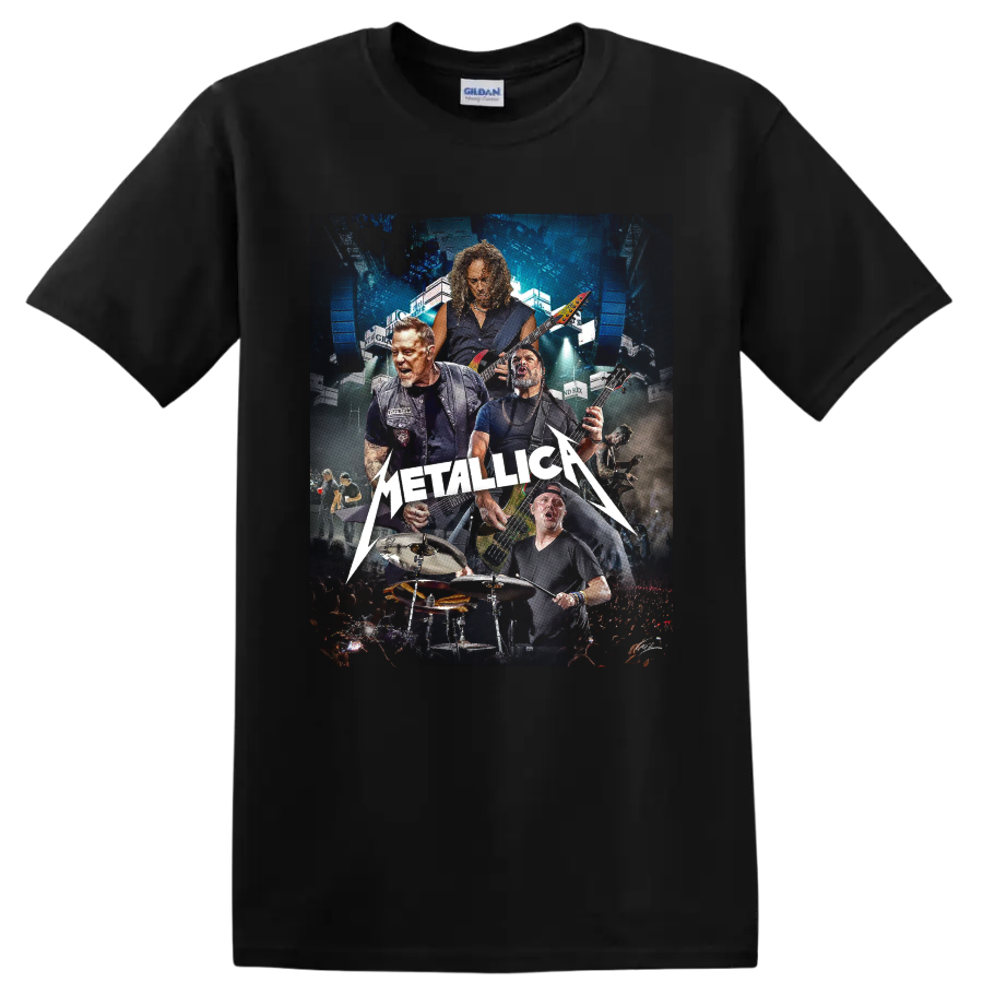 Metallica live concert collage with musicians, guitars, drums, arena lights, and logo on a Black T Shirt