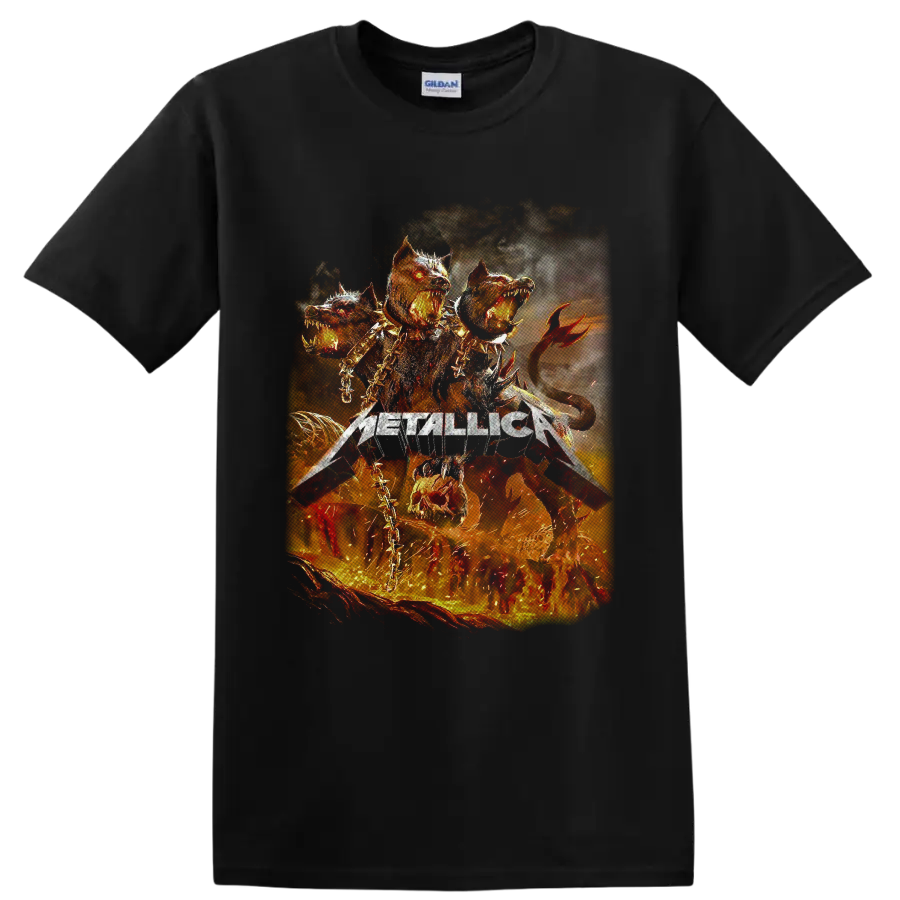 Metallica logo with fiery three-headed infernal hound, chains, spikes, and flames on a Black T Shirt