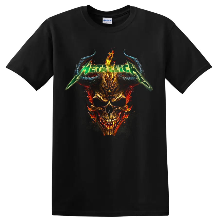 Metallica green logo over a flaming skull with curved blue horns and smoky metal artwork on a Black T Shirt