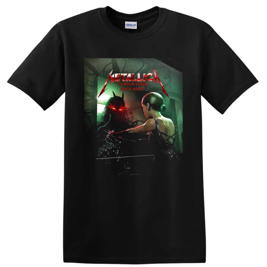 Metallica Mirror Stares Back horror graphic with horned red-eyed mirror reflection on a Black T Shirt