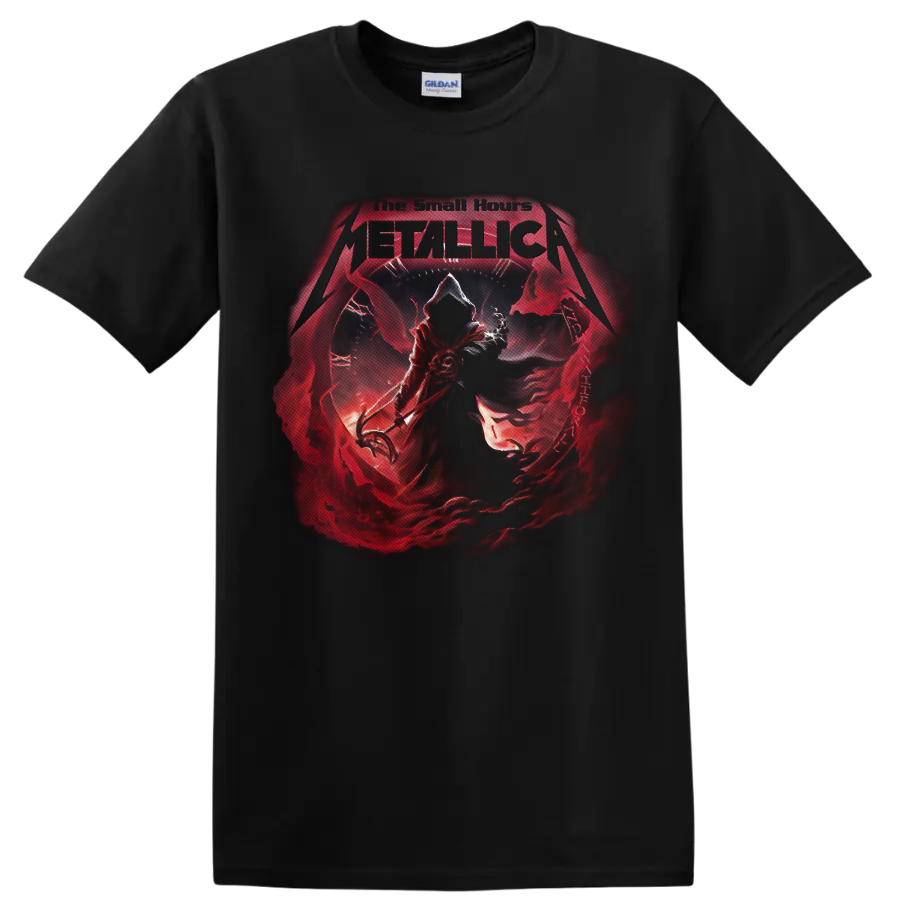 Metallica The Small Hours gothic grim reaper and red clock graphic on a Black T Shirt