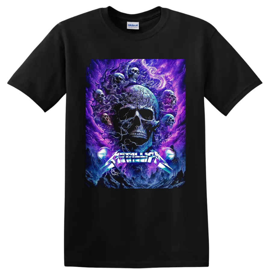 Metallica logo beneath psychedelic blue and purple skull cosmic artwork on a Black T Shirt
