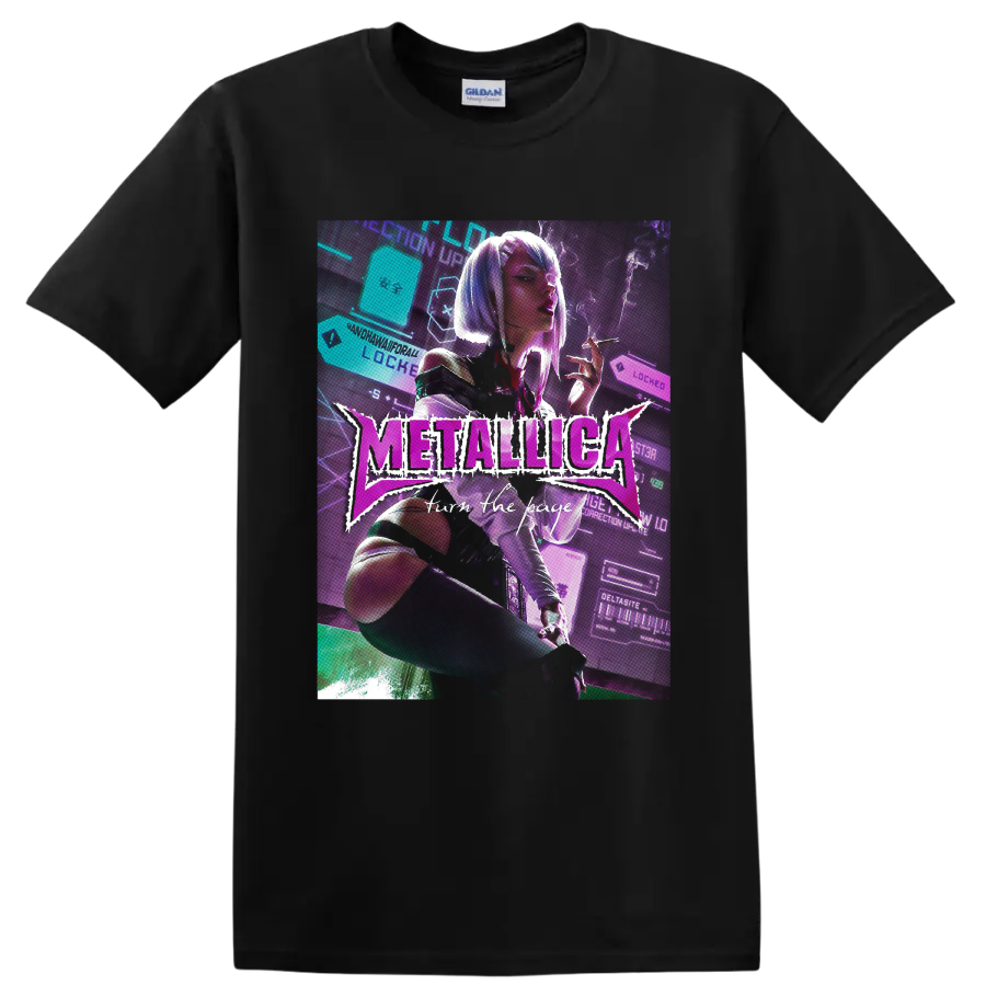 Metallica Turn the Page neon cyberpunk woman graphic with futuristic interface on a Black T Shirt