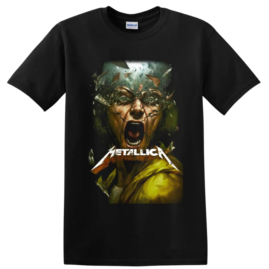 Metallica wordmark over a screaming shattered face in distressed heavy metal artwork on a Black T Shirt