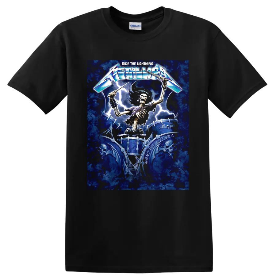 Metallica Ride the Lightning skeletal drummer graphic with lightning and spiked drums on a Black T Shirt