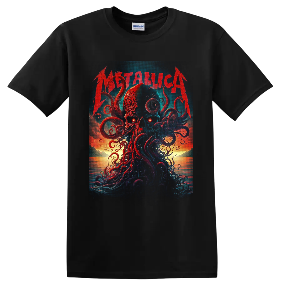 Metallica skull and kraken tentacle ocean sunset graphic in dark fantasy style on a Black T Shirt