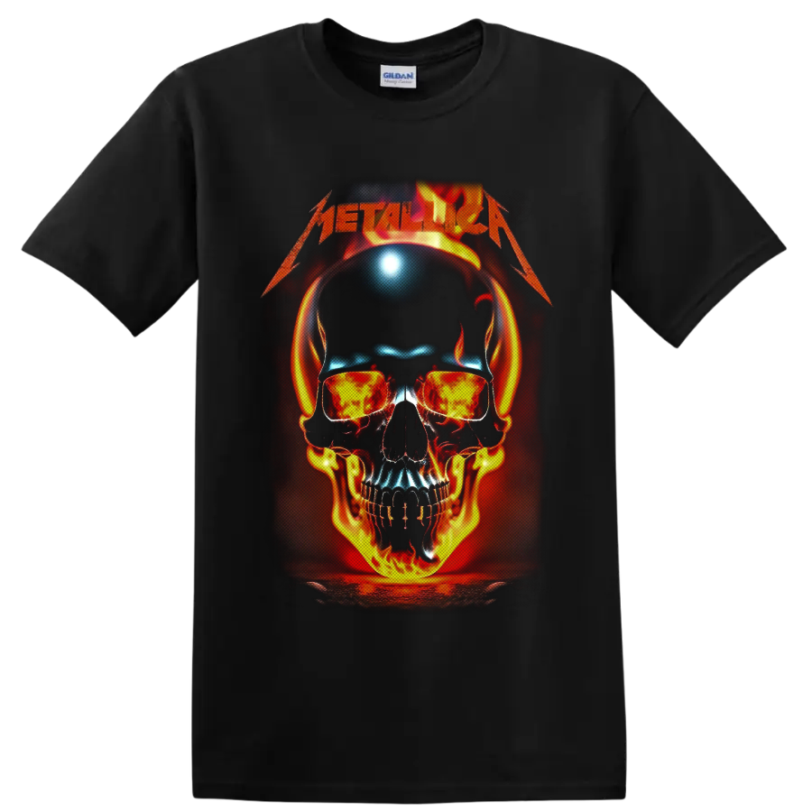 Metallica wordmark above a flaming skull with headphones and fiery sunglasses on a Black T Shirt