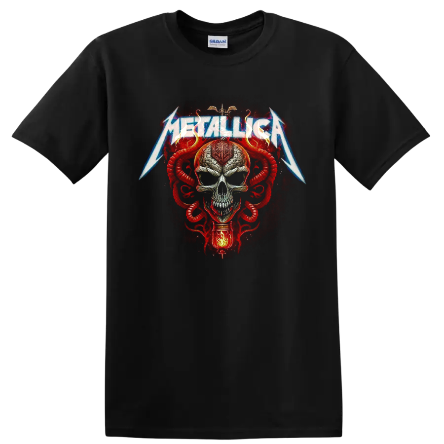 Metallica lightning logo over a skull with red serpents in gothic heavy metal art on a Black T Shirt