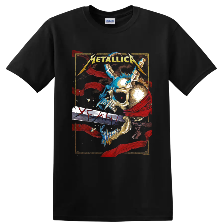 Metallica logo above skull and sword artwork with red banners and blue flame accents on a Black T Shirt