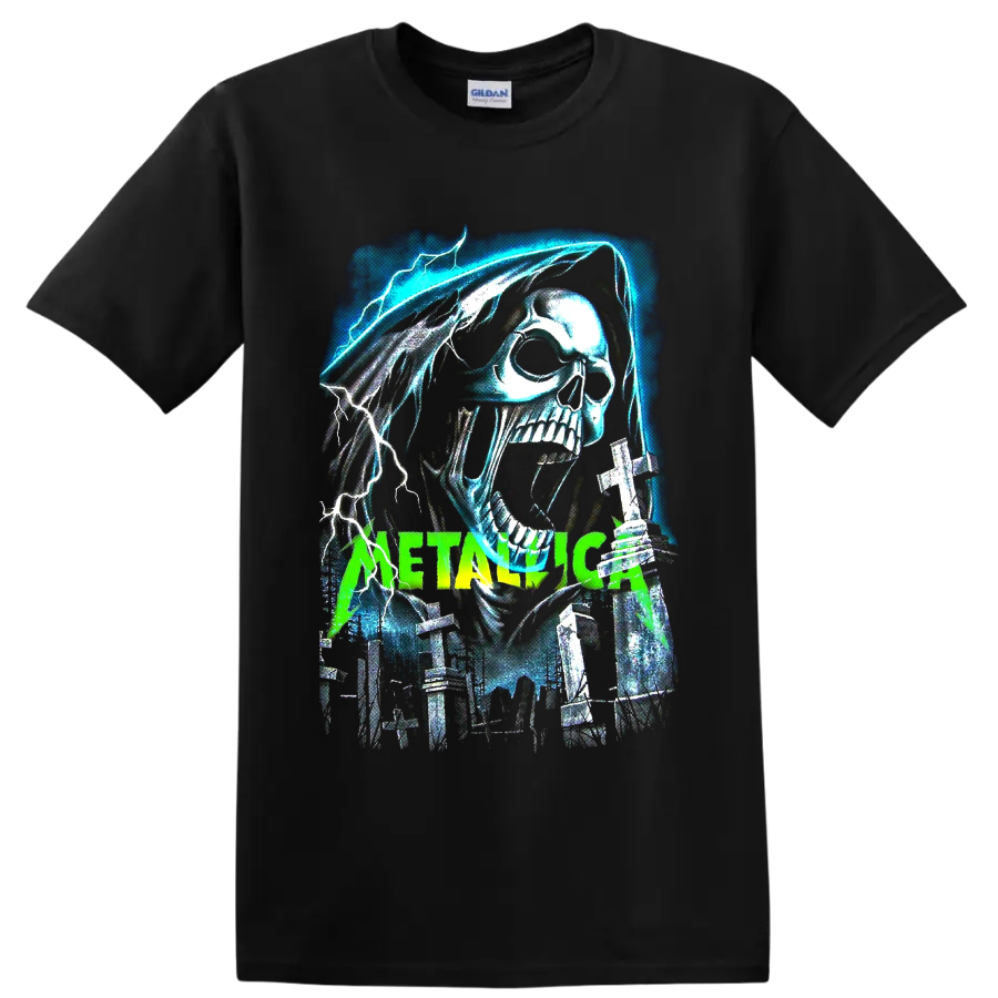 Metallica hooded skull with lightning, graveyard crosses, and neon green band lettering on a Black T Shirt
