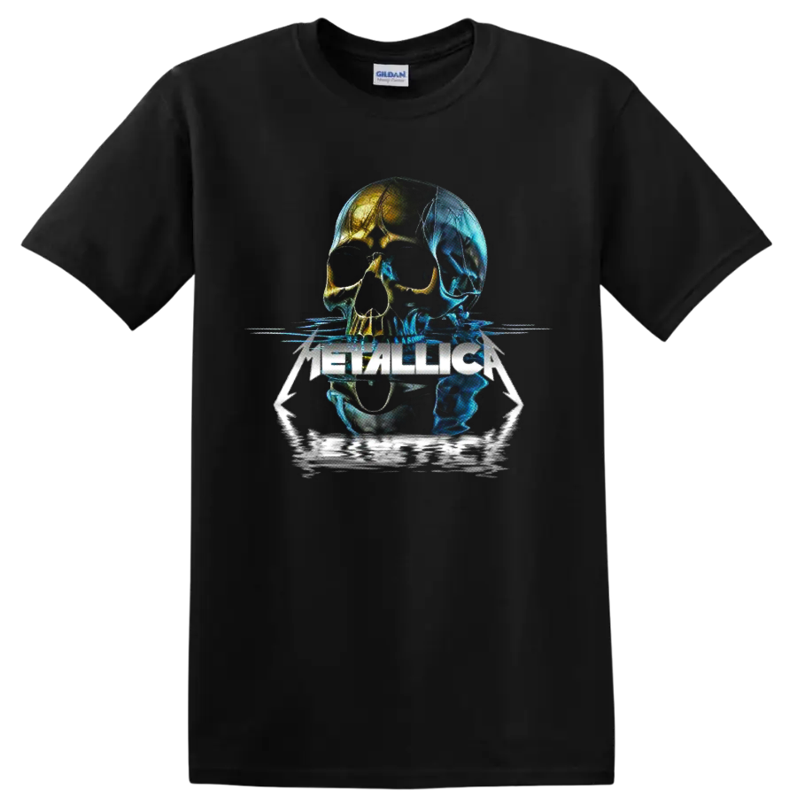 Metallica neon skull graphic with blue and gold reflections and sharp logo lettering on a Black T Shirt