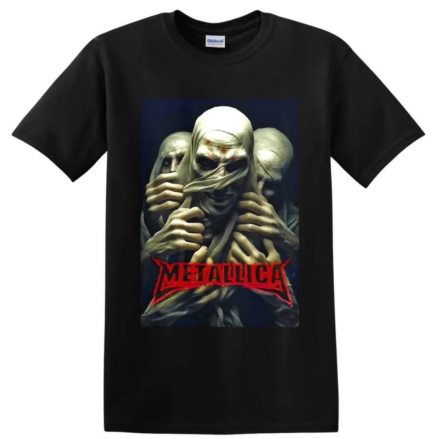 Metallica mummy horror art with three wrapped figures and red band logo on a Black T Shirt