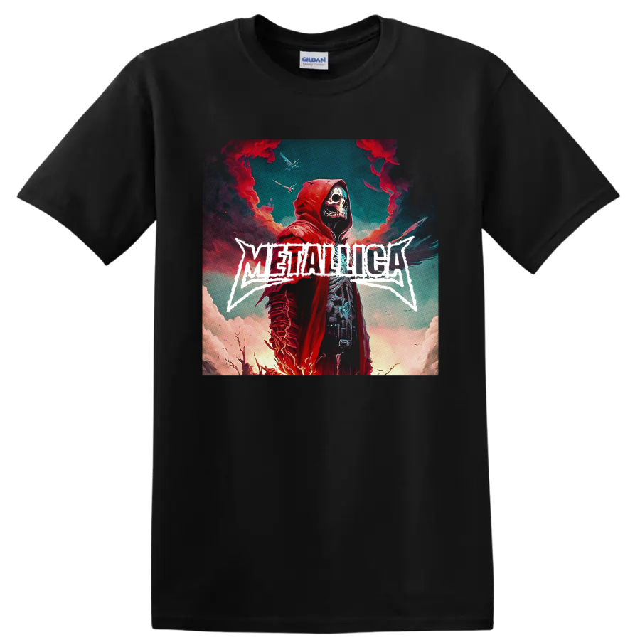 Metallica wordmark with red-hooded skull reaper in surreal smoky sky artwork on a Black T Shirt