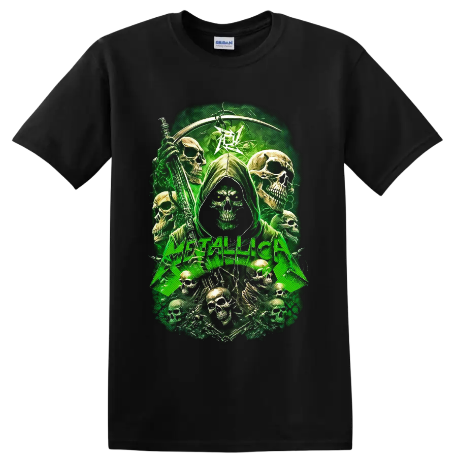 Metallica skull reaper graphic with scythe, green lightning, and surrounding skulls on a Black T Shirt