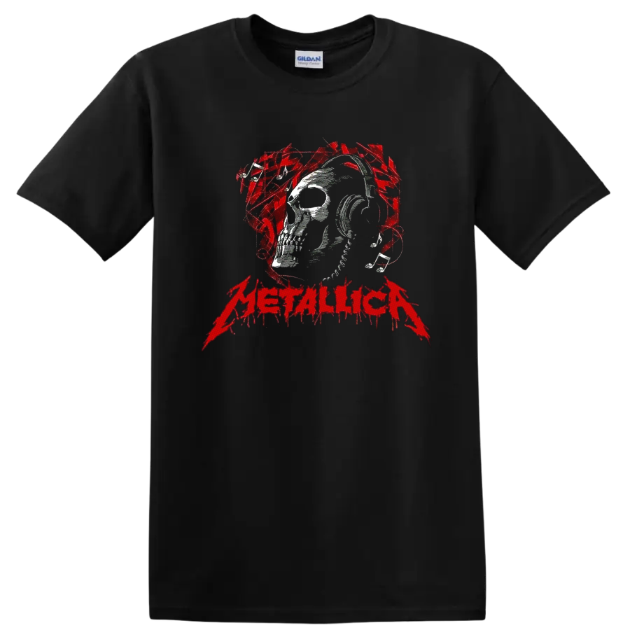 Metallica skull in headphones with red music notes and distressed heavy metal lettering on a Black T Shirt