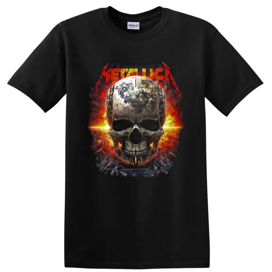 Metallica logo above a weathered globe-textured skull with fiery industrial artwork on a Black T Shirt