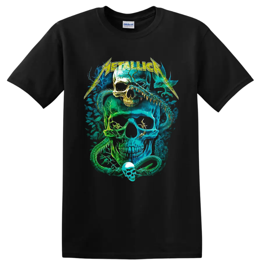 Metallica neon skull and coiled snake graphic with lightning-style band lettering on a Black T Shirt