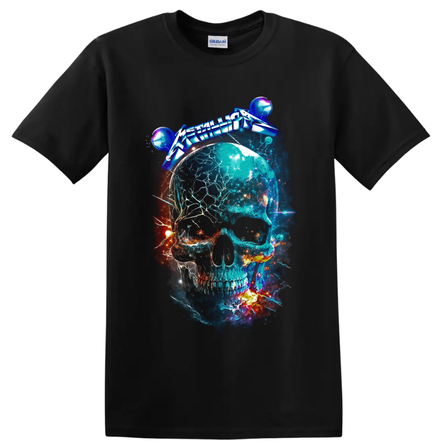 Metallica logo above an electric cosmic skull with planets, stars, and fiery space art on a Black T Shirt