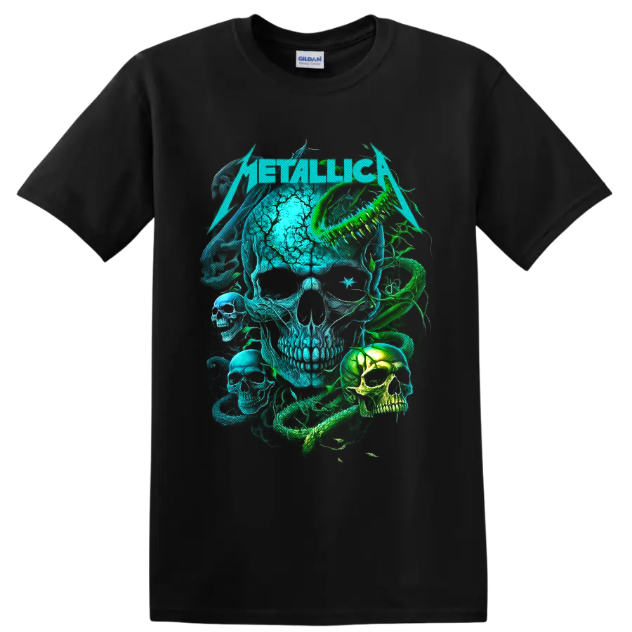 Metallica neon skulls and coiled snake graphic in electric blue and green on a Black T Shirt