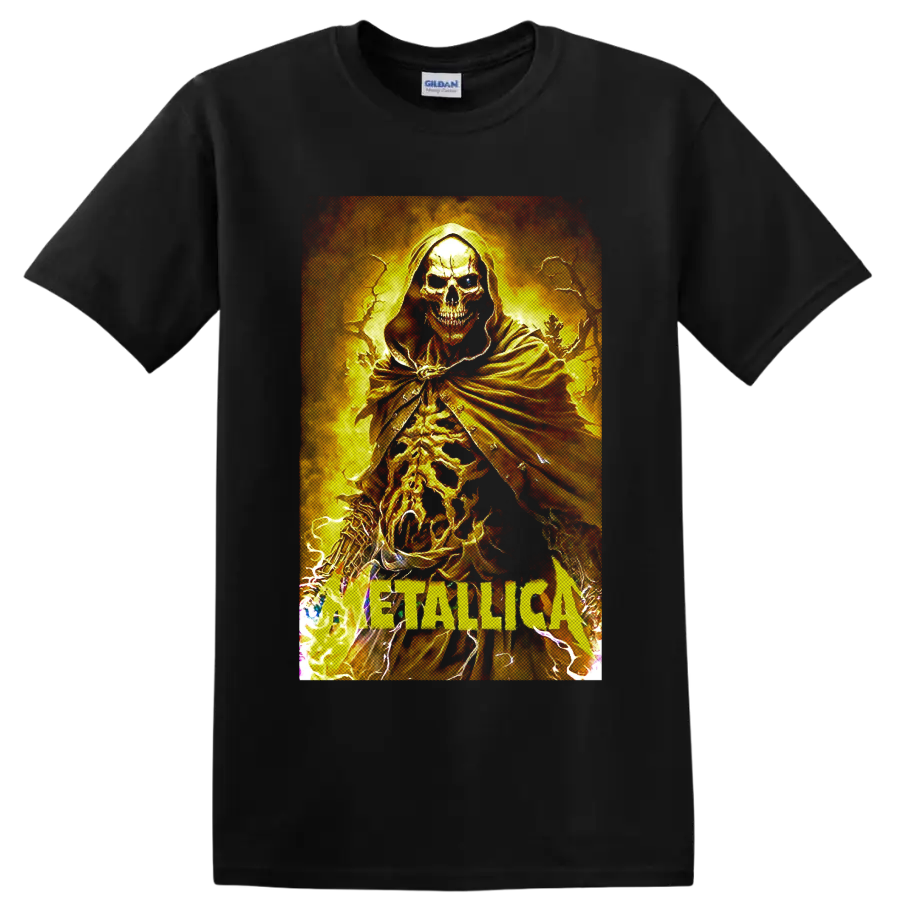 Metallica hooded skeleton graphic with flames, lightning, and band lettering on a Black T Shirt