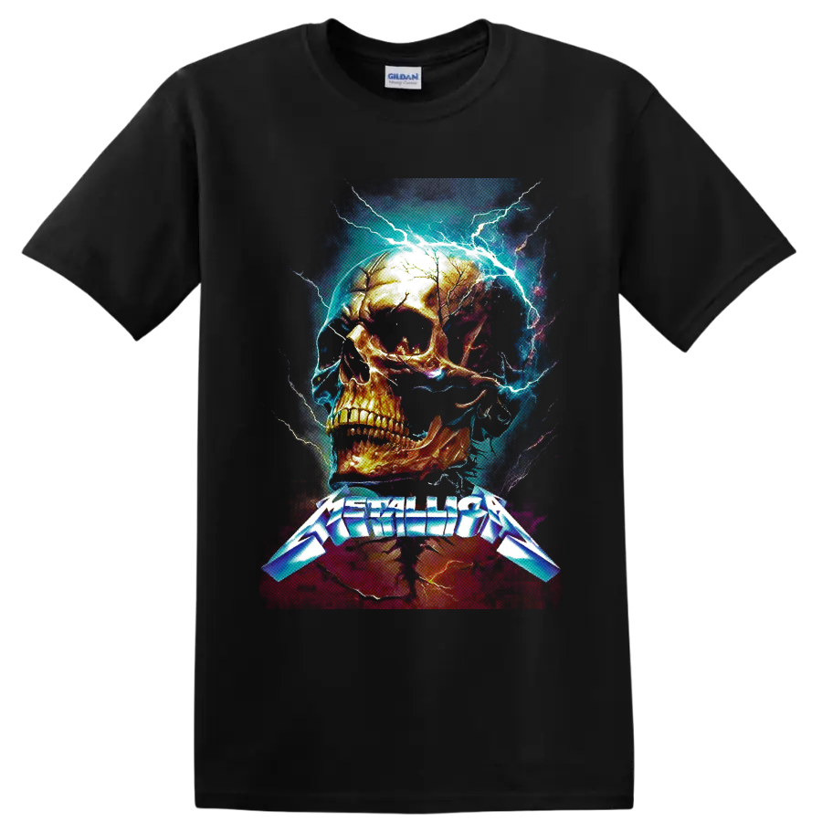 Metallica logo beneath a fiery skull with electric blue lightning on a Black T Shirt