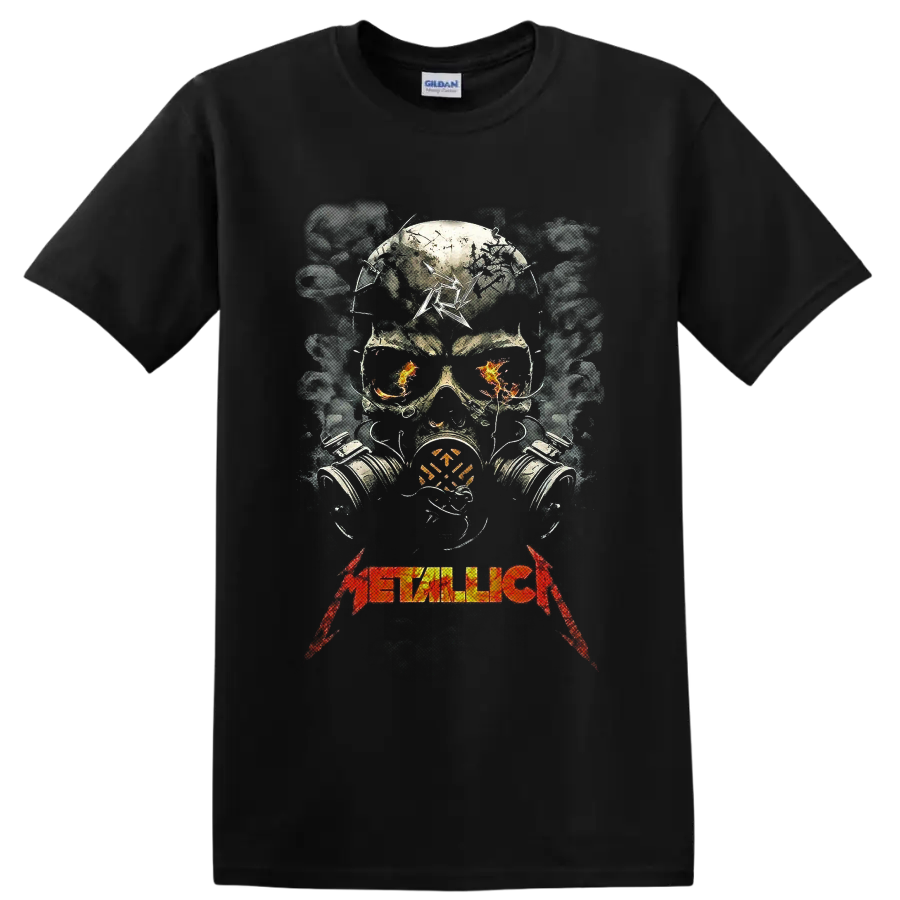 Metallica distressed skull in gas mask with flames, smoke, and band logo on a Black T Shirt