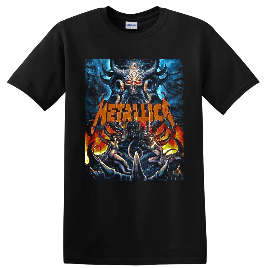 Metallica horned skull demon graphic with blue fantasy art, flames, and orange logo on a Black T Shirt